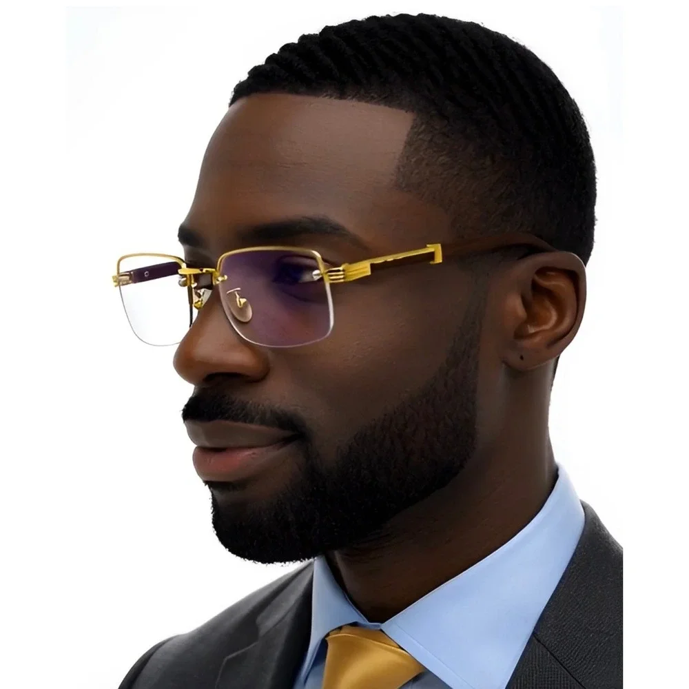 Men's Rimless Gold Frame Elegant Hip Hop Square Clear Lens Retro Fashion Glasses